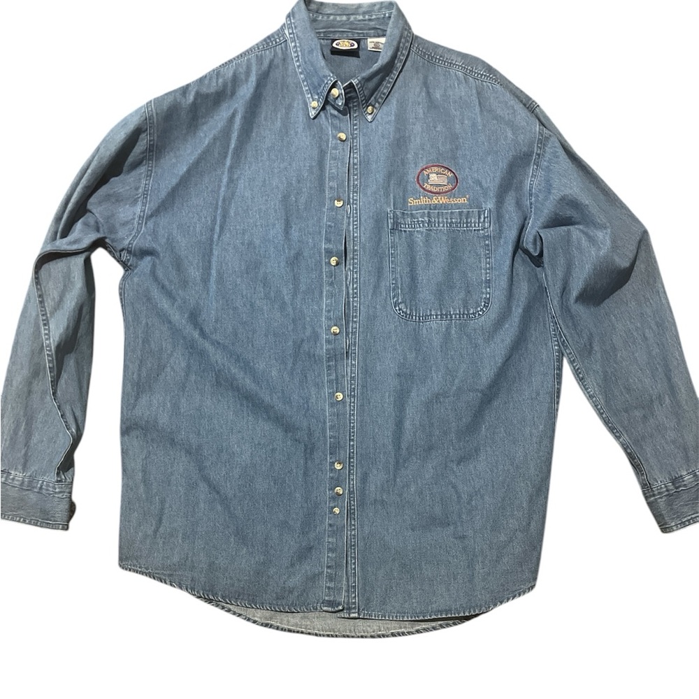 Vintage Smith and Wesson Denim Long Sleeve Cotton Button Up Shirt for Men